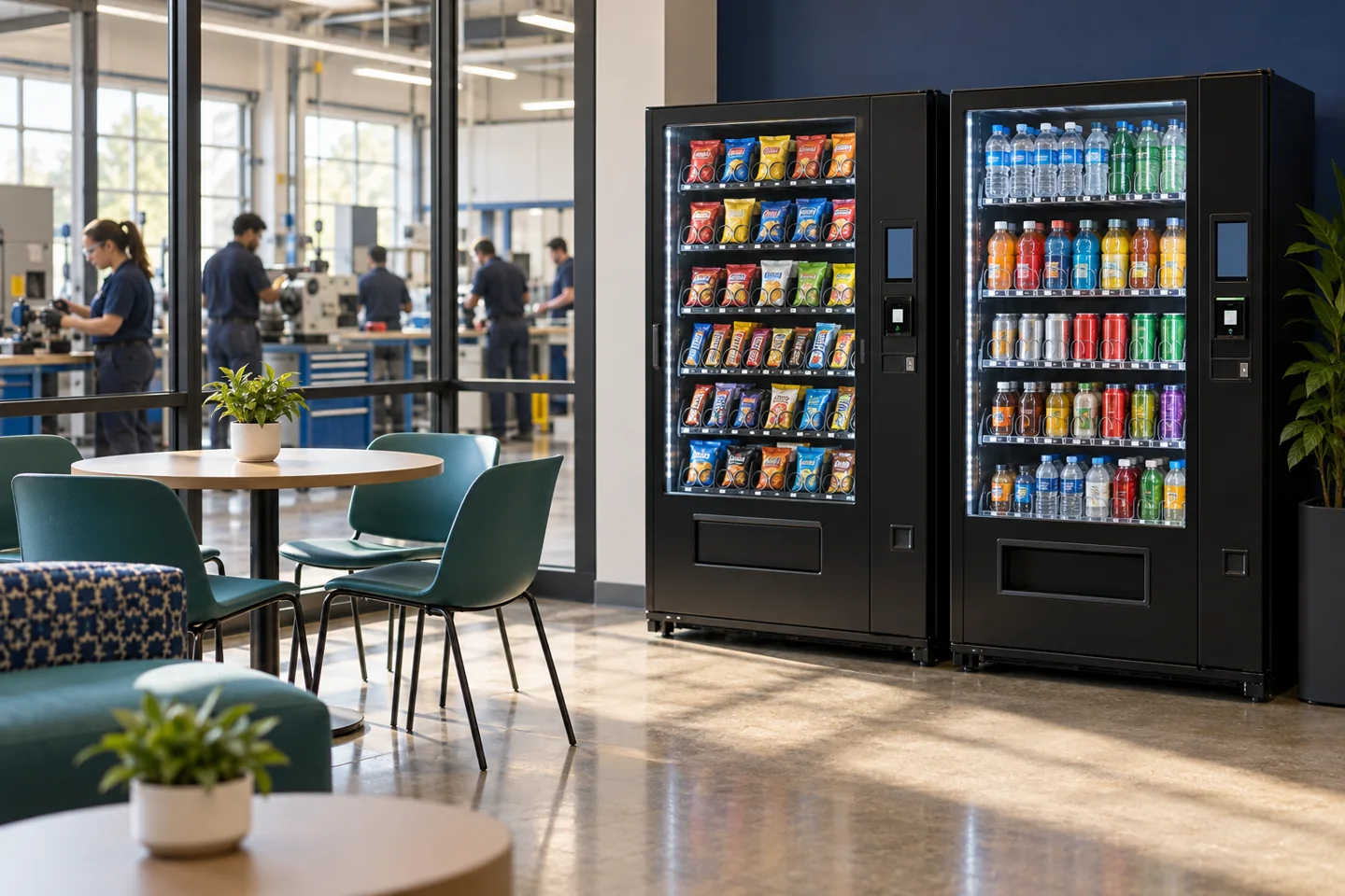 Illustrative technical training campus break area with snack and drink vending machines